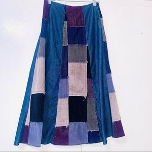 Vintage denim and corduroy ,patchwork maxi skirt. Waist 14” flat, 34” Long